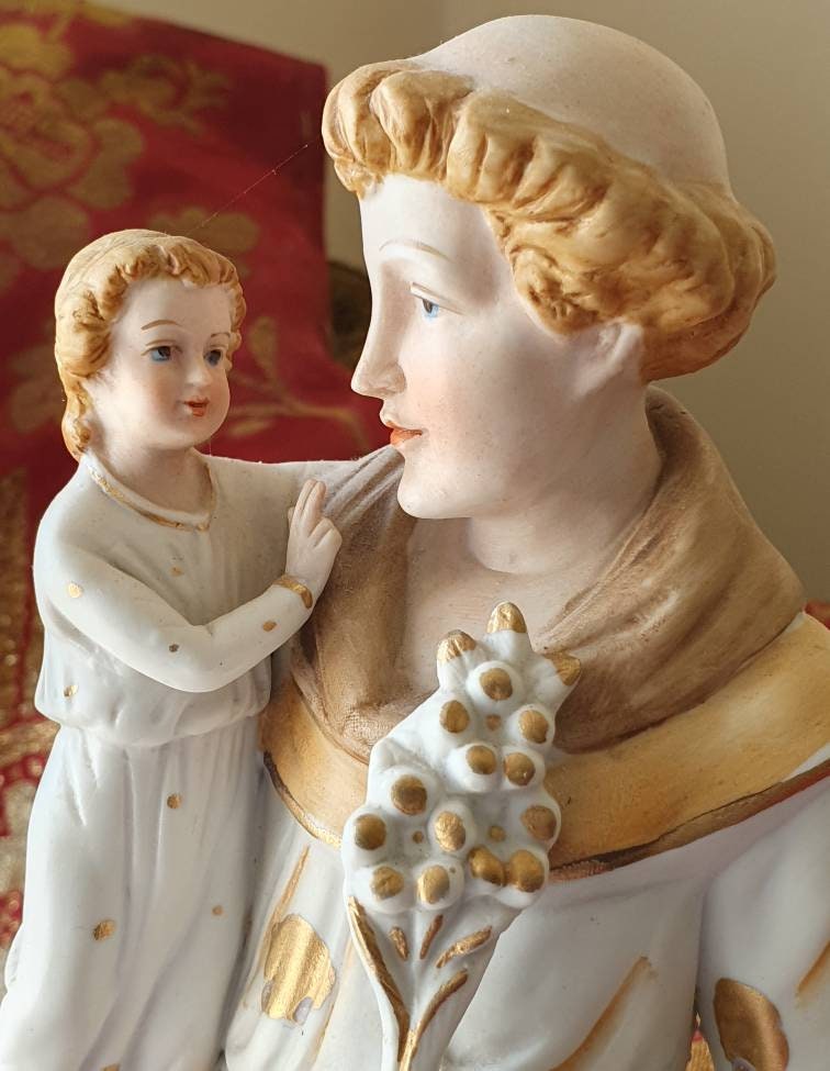 Superbe Vintage Exquis Français Bisque Religieuse Porcelaine Saint Antoine avec Bébé Jésus Dans Les 