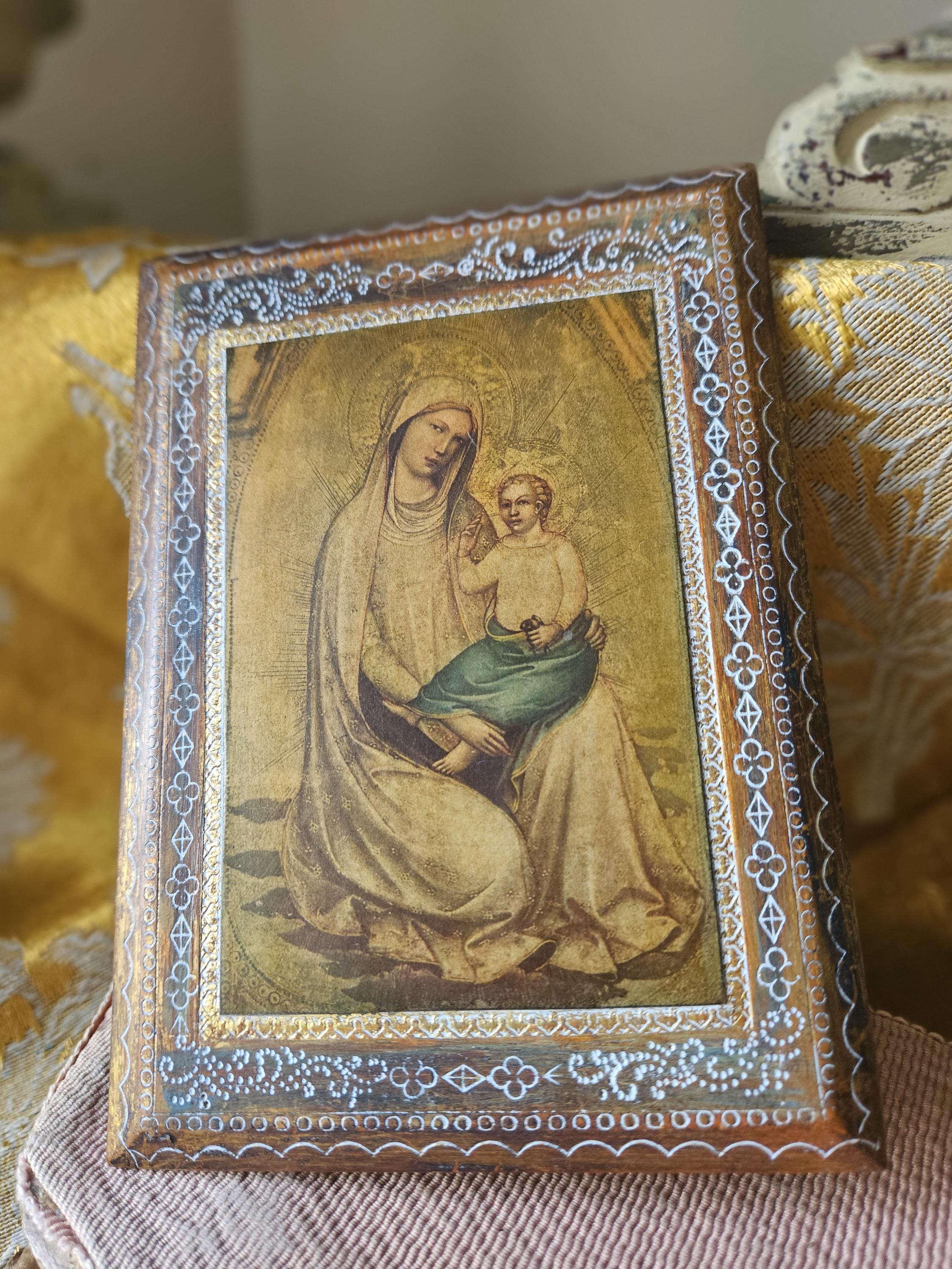 Vintage French PARIS Religious Florentine-inspired Burnished Gold Decorative Wall-Hanging Petit Wooden Wall Plaque, with Madonna & Child