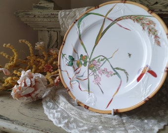 Stunning RARE 19thC French-found Antique English Minton Porcelain early Bamboo Botannical Themed Plate with Embossed Storks-c1860 or earlier