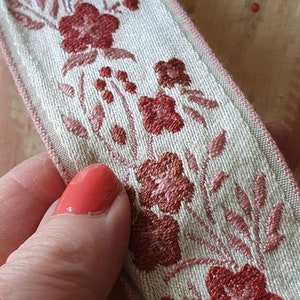 3.04 Mtrs of Antique French Embroidered Silk Floral Passementerie Trim, Salmon Pink over Oyster Silk Ground,Wide & Versatile,Project Perfect