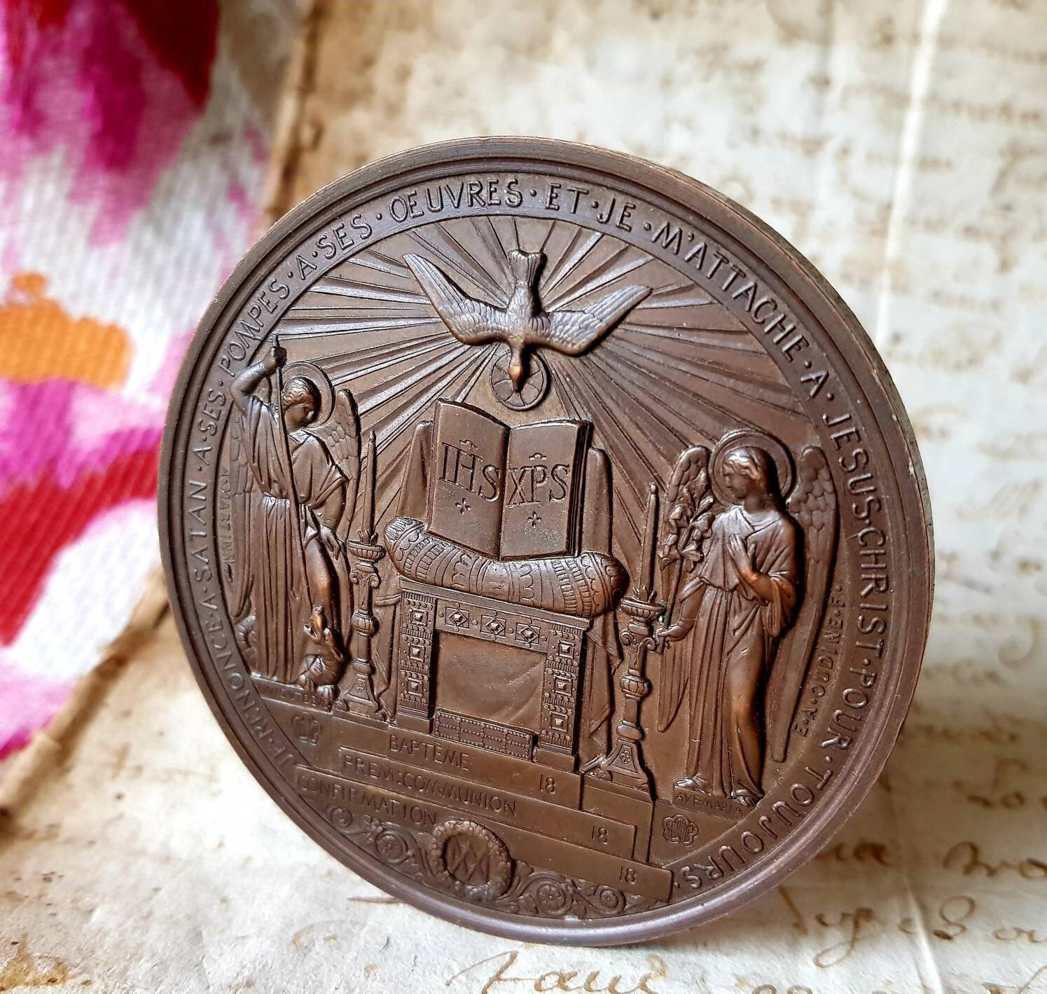 Superbe 19Thc Antique Français Médaille Religieuse de Baptême Bronze/Médaillon-Graveur Oudiné,