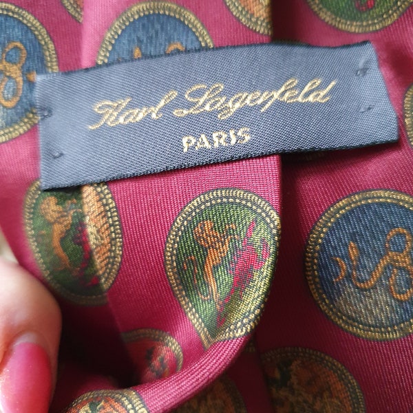 Unique Pristine Vintage French Karl Lagerfeld Paris Designer Signature Silk Cravat / Tie- Zodiac stylised Medallion Design-Sublime Colourway