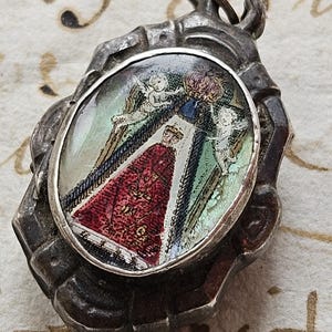 RARE Exquisite 19thC Antique French Religious Enamel Vierge & Winged Angels Silver Ex-Voto Petit Reliquary Locket Pendant-Opening Receptacle