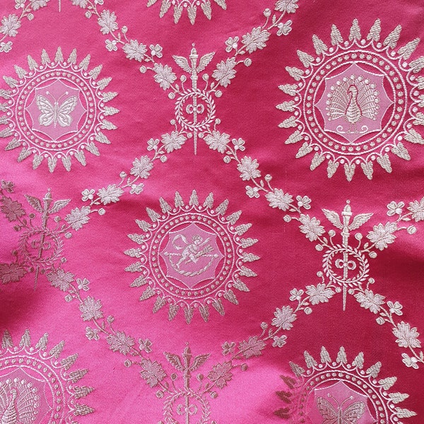 Exquisite Antique French Napoleonic Pink & Gold Silk Damask Fabric Coupon,Shimmering Textile Remnant-Perfect for Petit Home Decor Projects..