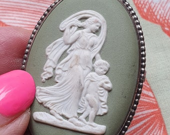 Superb Antique French Brocante Find-Classic Green English Wedgwood Jasperware Applied Relief Neo-Classical Cameo Brooch,Silver Beaded Mount