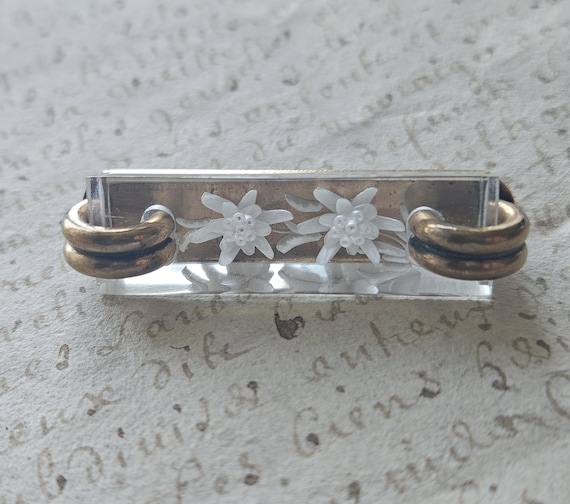 Stunning Antique French Art-Deco Reverse-Carved Eidelweiss Floral Lucite Oblong Pin Brooch-Exquisite Design with Gilt Clasps & Bevelled Edge
