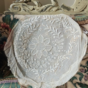 Antique French Handcrafted Embroidered Lace Bonnet Crown-Delightful Delicate Gorgeous RARE Vintage Period Costume-Stunning Fine Hand Work