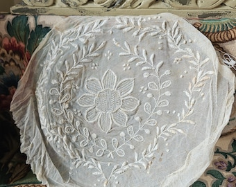 Antique French Handcrafted Embroidered Lace Bonnet Crown-Delightful Delicate Gorgeous RARE Vintage Period Costume-Stunning Fine Hand Work