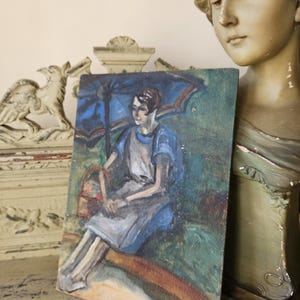Charming Sublime Antique French Dark but very Atmospheric Art-Deco Stylised Seated Female Period Portrait-Image on Carton-lovely Decor Piece