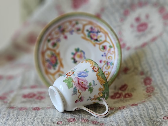 Exquisite Rare Antique French Green Enamelled Minton Porcelain Cabinet Coffee Cup / Tasse à Café & Saucer-Stunning Hand-decorated Design...