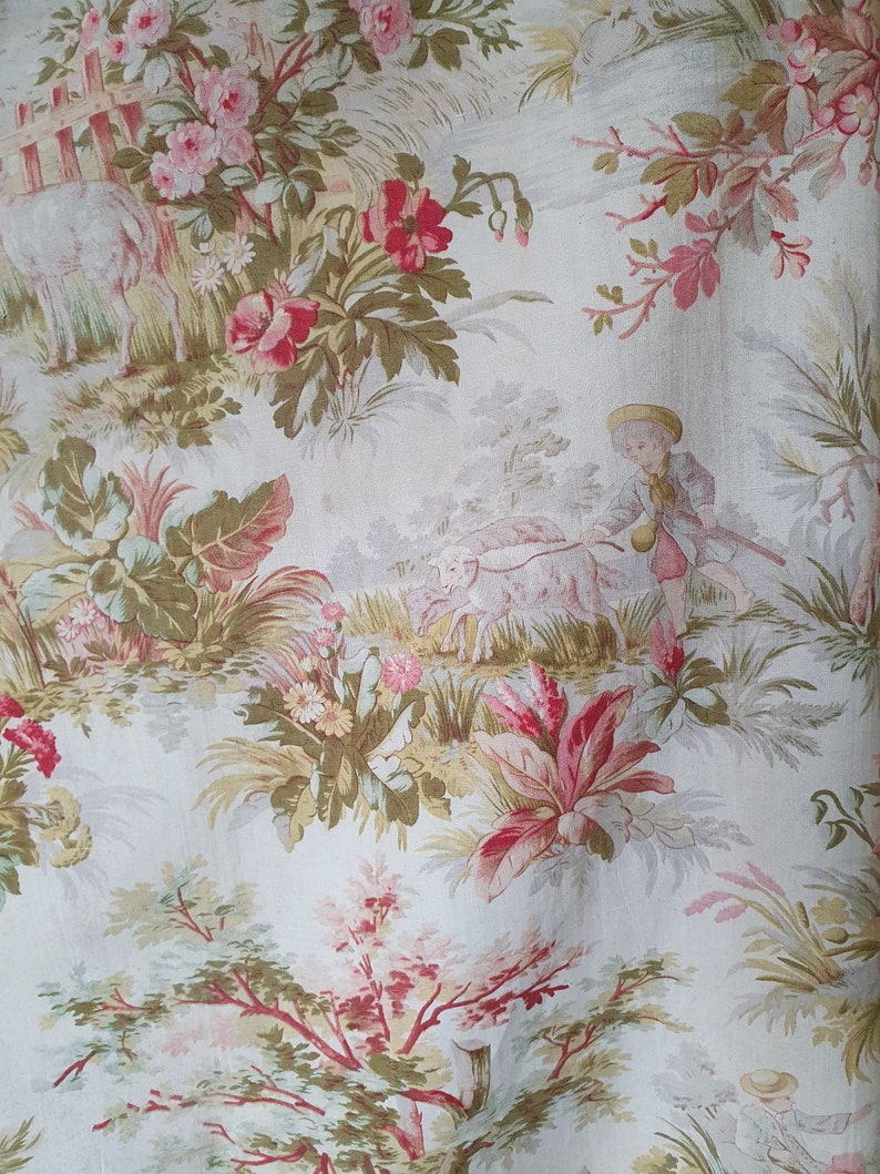 Impresionante y raro remanente de la antigua tela de algodón francesa Napoleón III Toile de Jouy, encantador textil escaso por excelencia francés imagen 8