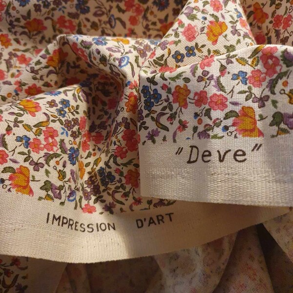 Exquisite Vintage French Romanex de Boussac ''DEVE'' Design Retro Cotton Florals Linen Printed Fabric-Fresh & Bright Interior Decor Textile