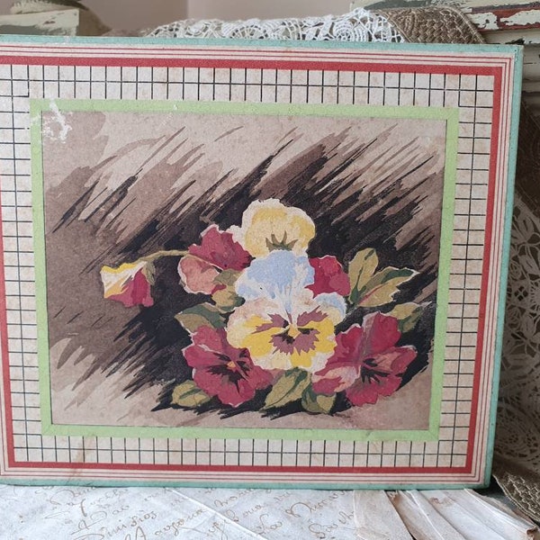 Pretty Chic Shabby Antique French Art-Deco Pansies Chocolate Box, Publicity Box,Ancienne Boite,Carton,Publicitaire,Collectable,Home Decor...