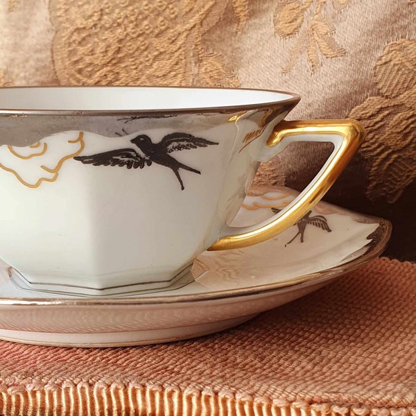 Stunning Antique French Marcy Signature Limoges Porcelain Art-Deco Teacup & Saucer-Exquisite Swallow / Hirondelle Design-Gold and Platinum