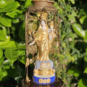 RARE Timeworn Distressed 19thC Antique French Religious Globe-Polychromed Terracotta Gilded Virgin of Marseille Figurine / Statue  c.1870&#39;s
