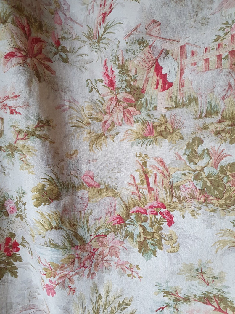 Impresionante y raro remanente de la antigua tela de algodón francesa Napoleón III Toile de Jouy, encantador textil escaso por excelencia francés imagen 10
