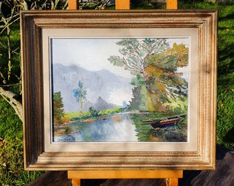 Vintage French Atmospheric Oil on Board Tableau,Painting c.1970,Mountains,Trees,Boat Moored on a Riverside,Neutral Wall Art for any Decor...