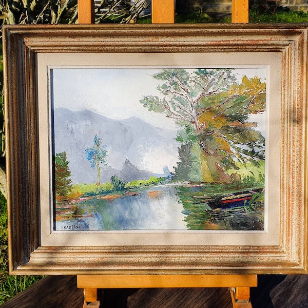 Vintage French Atmospheric Oil on Board Tableau,Painting c.1970,Mountains,Trees,Boat Moored on a Riverside,Neutral Wall Art for any Decor...