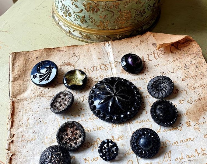 Unique Batch of 12 X Antique French Glass & Jet Buttons,superb Array of ...