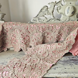 Truly Exquisite 19thC Antique French Handworked Crocheted Pink Silk-Backed Lace Panel-Intricate & Unique Vintage French Lace Treasure-c.1890
