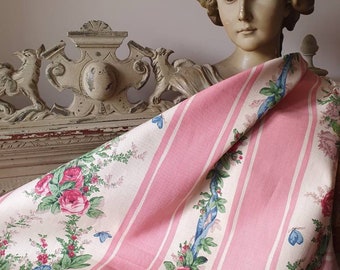 Stunning Antique French Romanex de Boussac 'Petit Trianon' Design Striped Floral Cotton Linen Printed Fabric Remnant,Rare Vintage Textile