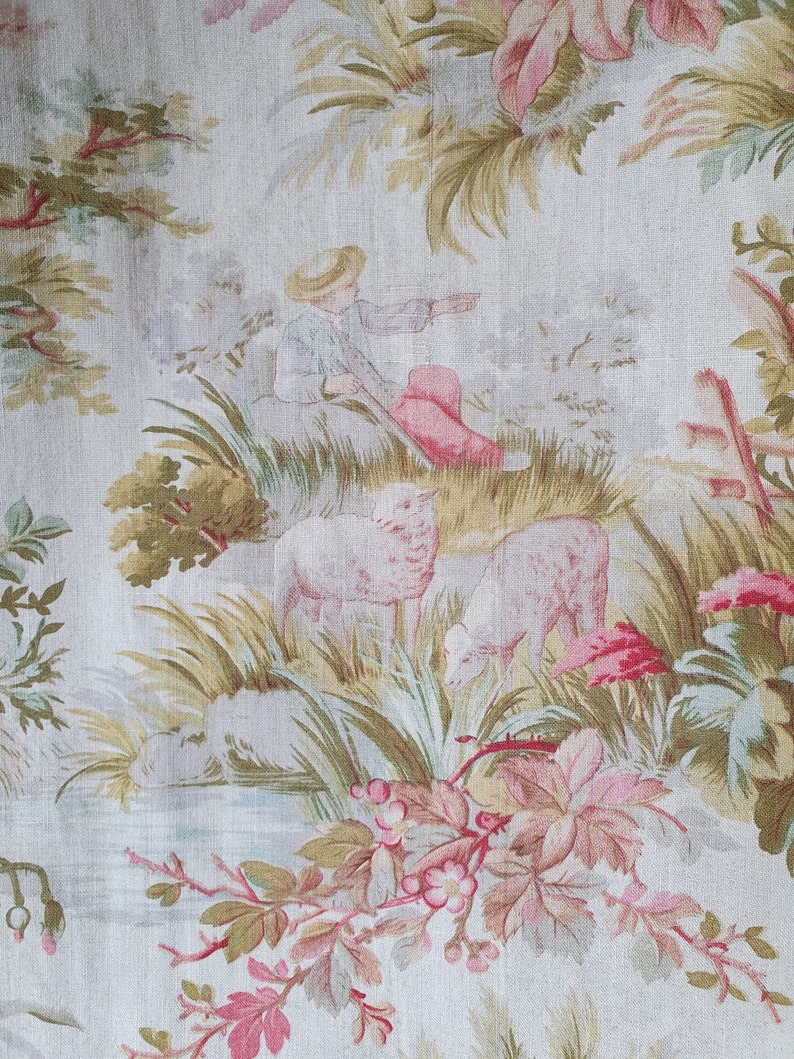 Impresionante y raro remanente de la antigua tela de algodón francesa Napoleón III Toile de Jouy, encantador textil escaso por excelencia francés imagen 9