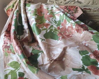 Superbe vintage français PIERRE FREY abstrait floral vert et marron imprimé à la main reste de textile en soie, design unique, projet de tissu de décoration d'intérieur