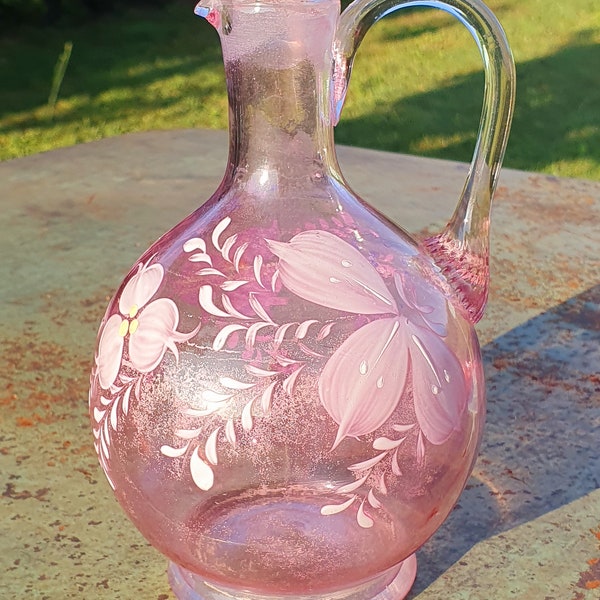 Gloriously Pretty Enamelled Antique French Pink Glass Jug, Applied Enamelled Florals & Sprays, Flacon en Verre Rose, Perfect Vintage display