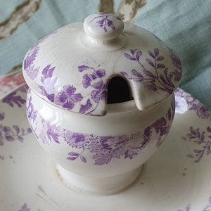 Very Rare Antique French Longwy &#39;Hanoi&#39; Lilacware Design Saucière / Saucepot-Glorious Lavender Transferware Piece...can be used without Lid