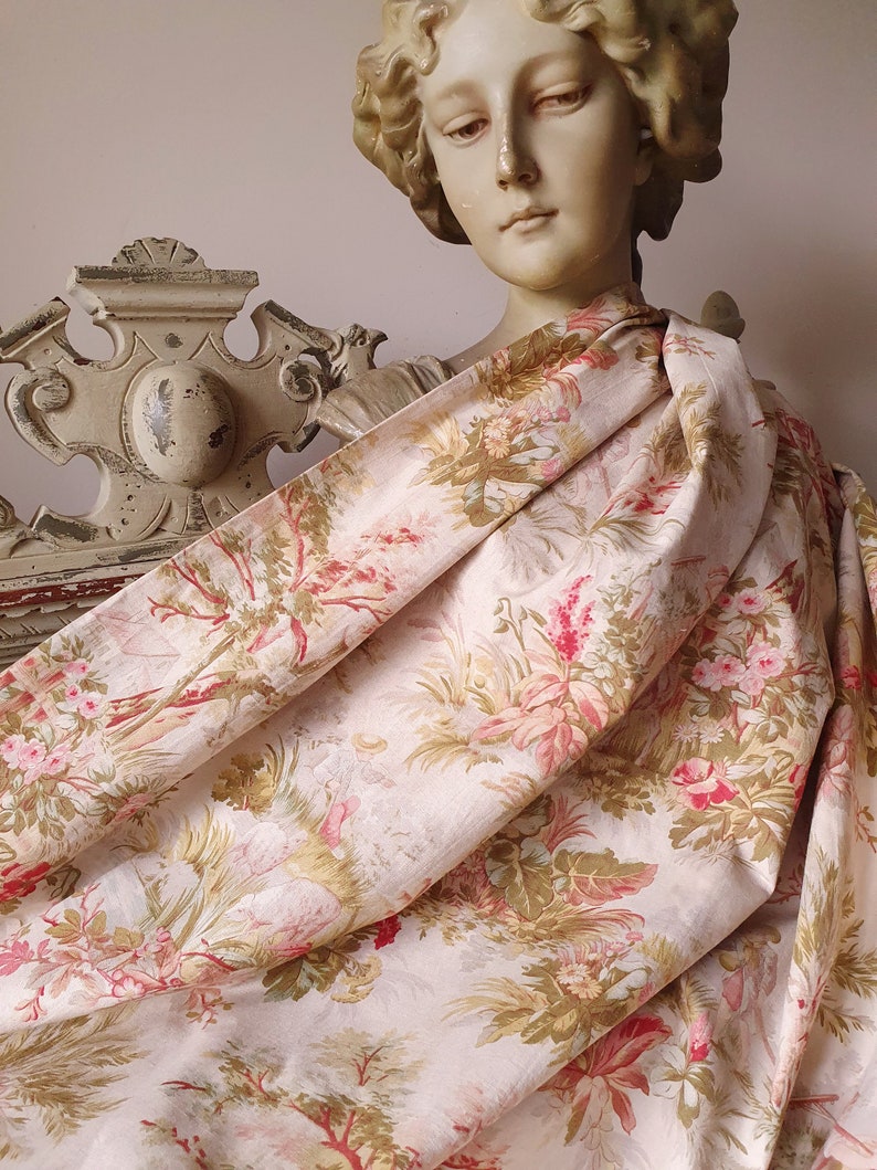 Impresionante y raro remanente de la antigua tela de algodón francesa Napoleón III Toile de Jouy, encantador textil escaso por excelencia francés imagen 5