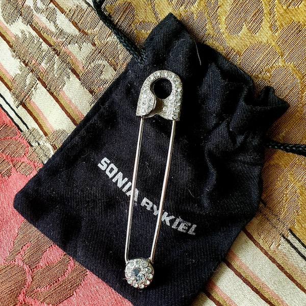 Superbe Rare vintage SONIA RYKIEL Français Paris Designer Argent Cristal Strass Safety-Pin Brooch-Bijoux Fantasie, Costume Jewellery Pin