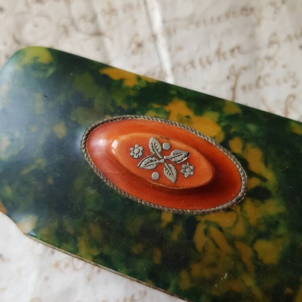 Antique French Green Marbled Bakelite Snuff Box / Tobacco Box,Silver Inlay on Orange Bakelite Oval Panel,Delightful Unusual Unique Piece