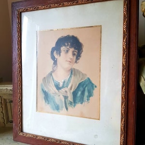 Sublime 19thC Antique French Gilt Border Wood Framed Aquarelle / Watercolour Portrait Painting of a Beautiful Dark Haired Young Woman c.1894