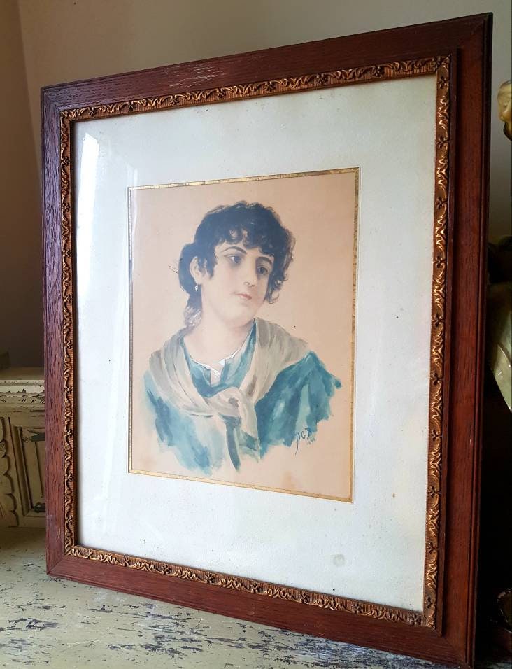 Sublime aquarelle antique, bordure en bois, bordure en bois, XIXe siècle, portrait d'une belle jeune femme aux cheveux noirs, vers 1894