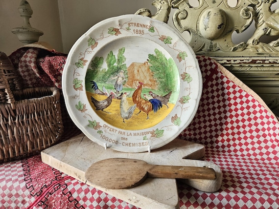 Timeworn Antique French-Maison de 100,000 Chemises,Paris Advertising / Publicité Handpainted Plate-Distressed & Cracked but Rare Collectable