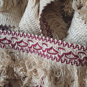 3.55 Mtrs of Deep Fringed Antique French Red & Cream Woven Silk Passementerie Trim, Perfect for Projects-Frothy Fringing-Period Colourway...
