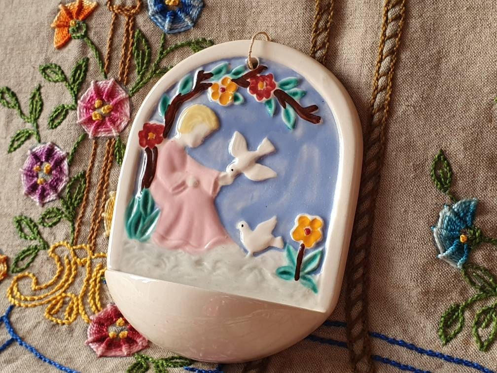 Délicieuses Antiquités Français Religieuses Porcelaine Peinte à La Main/Religieux Ange Assis avec Co