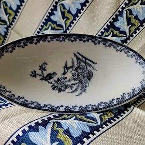 Rare Antique French Terre de Fer Faience Oval Ravier / Soap Dish-Dark Blue Transferware Ravier Ancien Faience Pexonne Modèle Louis XVI......