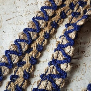 3.91 Mtrs of Unique Rustic Vintage French Hessian Hemp Looped Twin-Coloured Passementerie Trim,Fabulous & Unusual Trim for your Home Decor