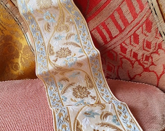 0.61 Mtrs of Stunning Exquisite Embroidered Antique French Floral Scrolls Passementerie Project Trim-Shimmering Gold on Beige,Pale Blue.....