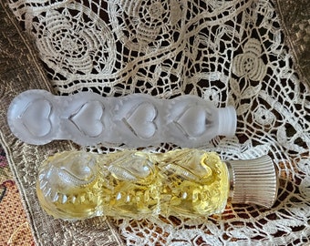 RARE Pair of Vintage French Nina Ricci COEUR de JOIE Collectable Lalique Perfume Bottles-4 Hearts Empty Frosted & 3-Heart Purse Full Bottle