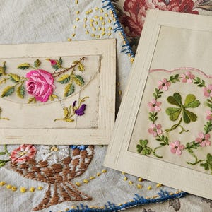Gorgeous Pair of Antique French Pretty Embroidered Carte Postale / Postcards,featuring Stunning Colour, Wonderful Vintage Textile Greetings