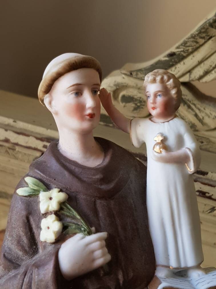 Superbe Antiquité Unique Français Religieuse Saint Antoine/Anthony Bisque Figurine-C.1900's, Tall &