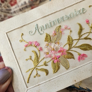 Gorgeous Pair of Antique French Pretty Embroidered Carte Postale / Postcards,featuring Stunning Colour, Wonderful Vintage Textile Greetings