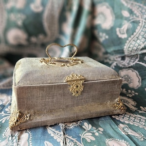 Antique French Art-Nouveau Timeworn Olive Green Velvet Bijoux Boudoir Box with Mirrored Silk Lined Lid and Exquisite Gilt Tole Garnitures...