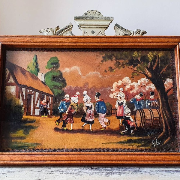 Stunning Unique Artisanal Handpainted & Signed Antique French Art-Deco Traditional Normandie style L/S Serving Tray featuring Period Costume