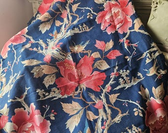 RARE Striking Pattern Antique French Art-Nouveau Cretonne Fabric Remnant-Exquisite Colour Palette & Oriental Inspired Design-Birds / Florals