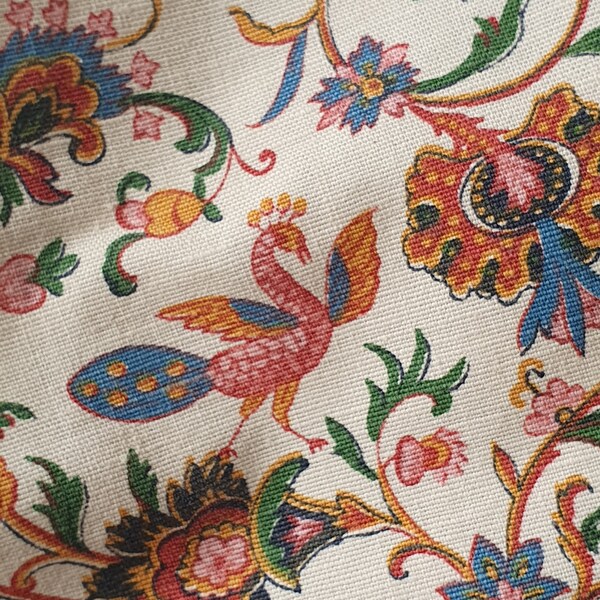 Superbe panneau vintage français ROMANEX de BOUSSAC Motif cachemire, fleurs et oiseaux de paradis, panneau en tissu de type lin, parfait pour les projets - rare !