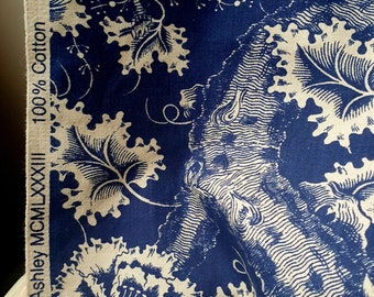 Striking Vintage French-found Laura Ashley Indigo Blue & White Fabric Remnant-Sinuous Branches,Poppy style Florals and Leaves-Country Decor