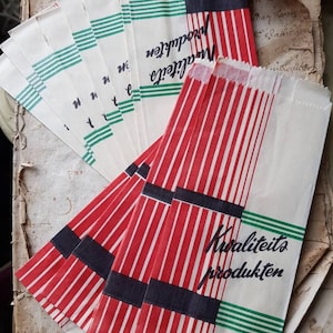 Sorprendente ensemble di sacchetti di carta tedesca vintage trovati in Francia-Vintage Publicité / Pubblicità, Pubblicità-Vivid Red & Green Graphics ...